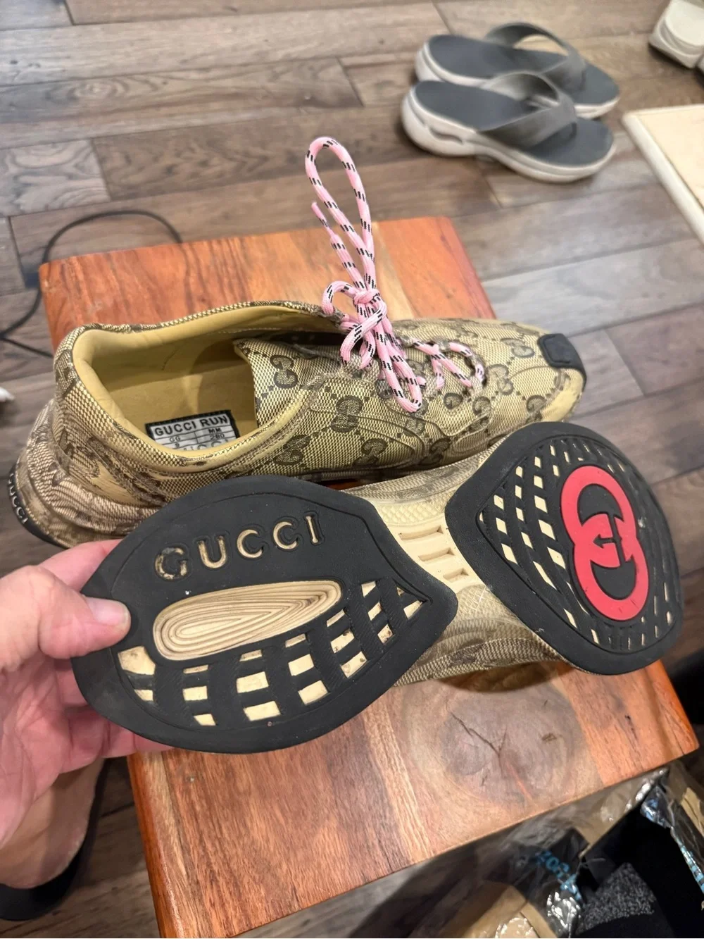 Gucci Beige Monogram Sneakers with Pink Laces